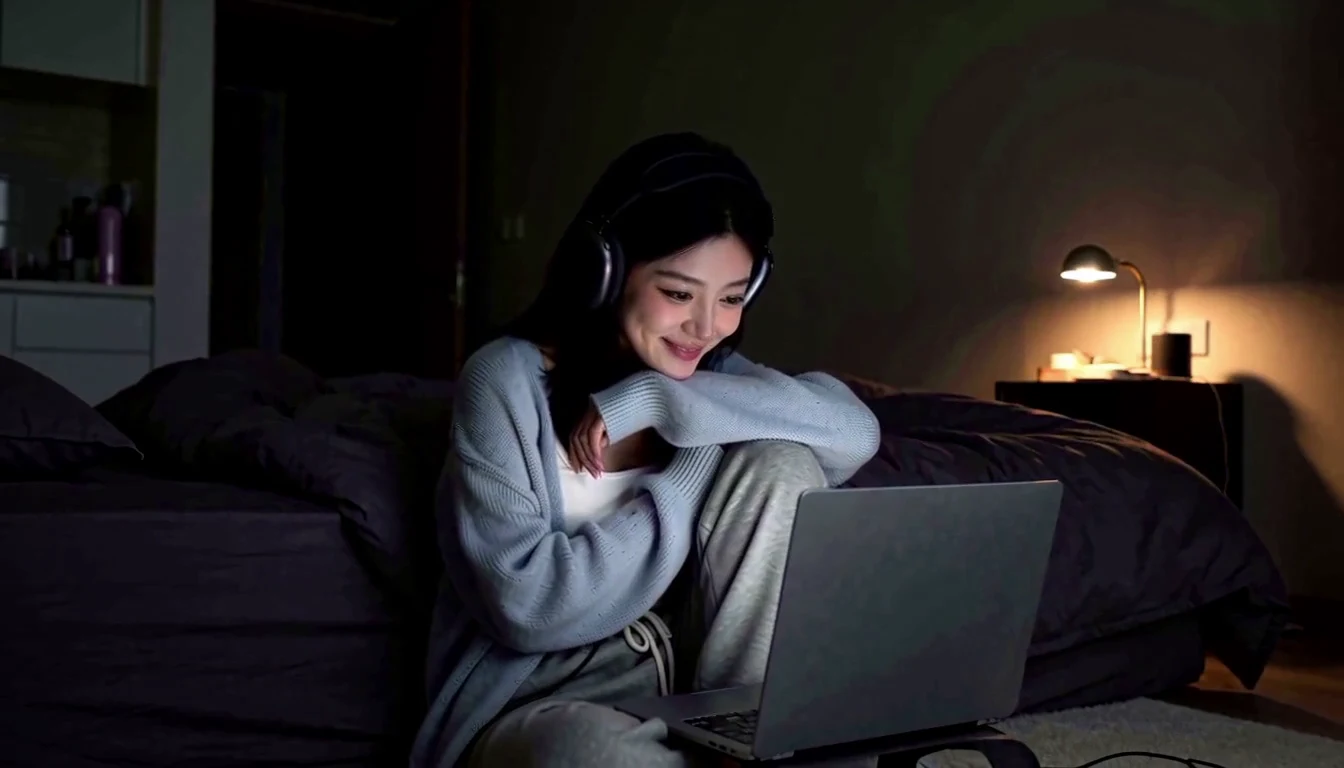 A woman wearing headphones sits on the floor of a dark bedroom, lit by her laptop screen