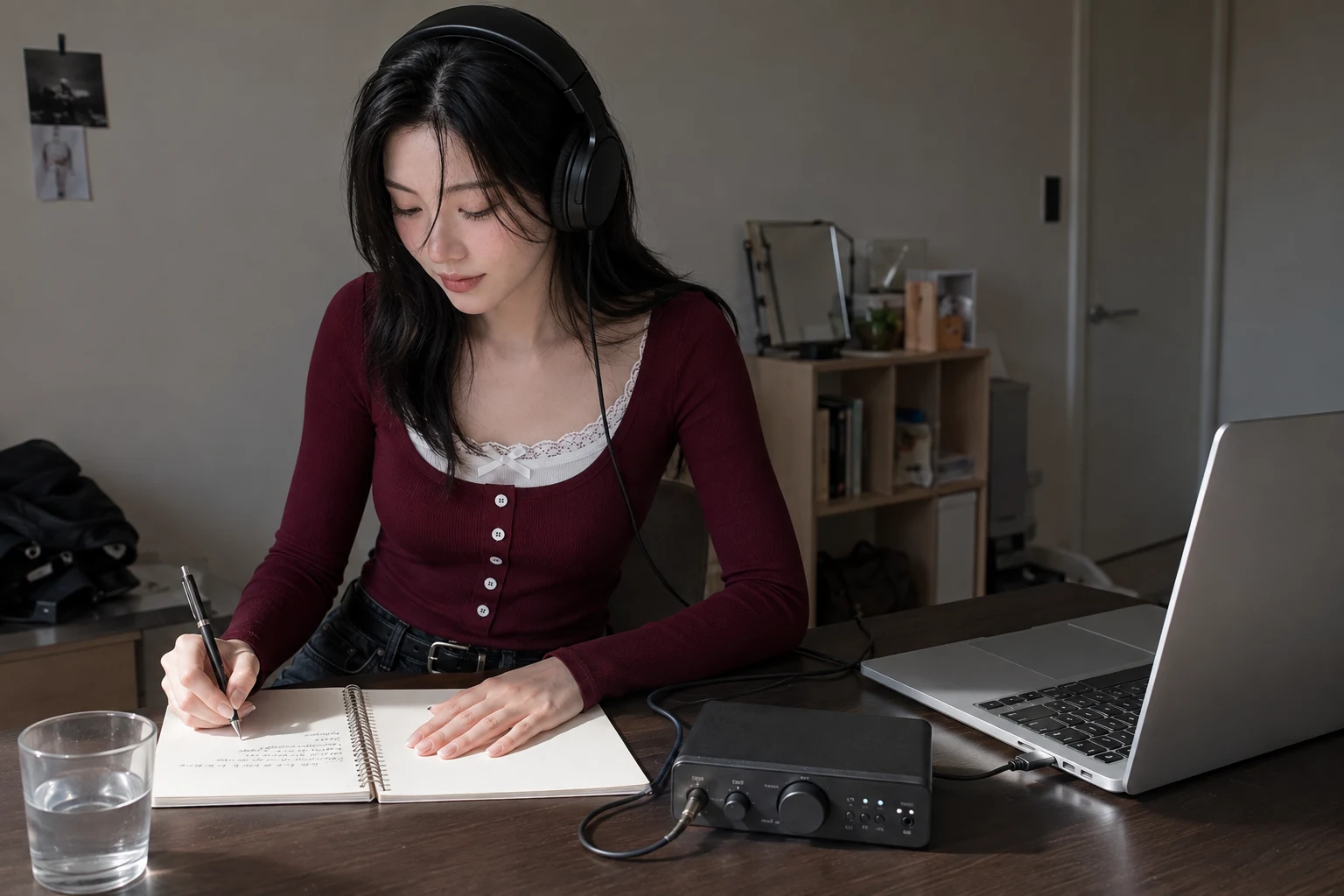 A woman in headphones writes in a spiral notebook at a daylit desk, her headphone cable running to an audio interface beside her laptop